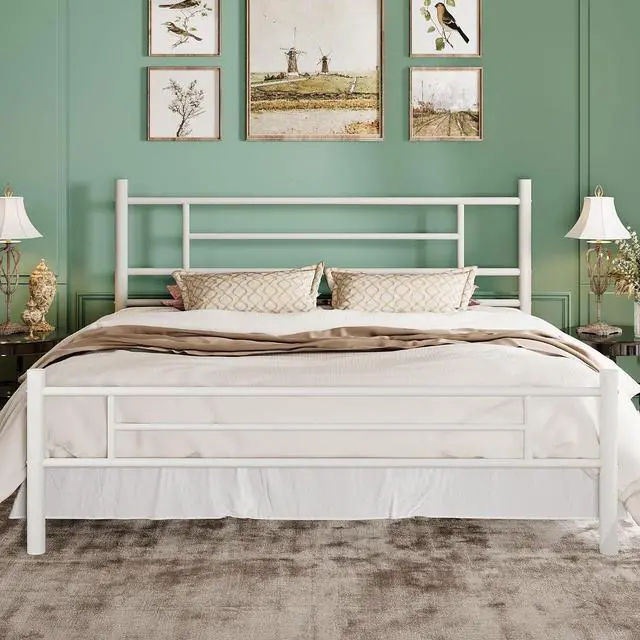 Alt view image 5 of 7 - King Size Metal Platform Bed Frame with Modern Headboard and Footboard, Under Bed Storage Space, Noise Free, No Box Spring Needed,White,14 Inch