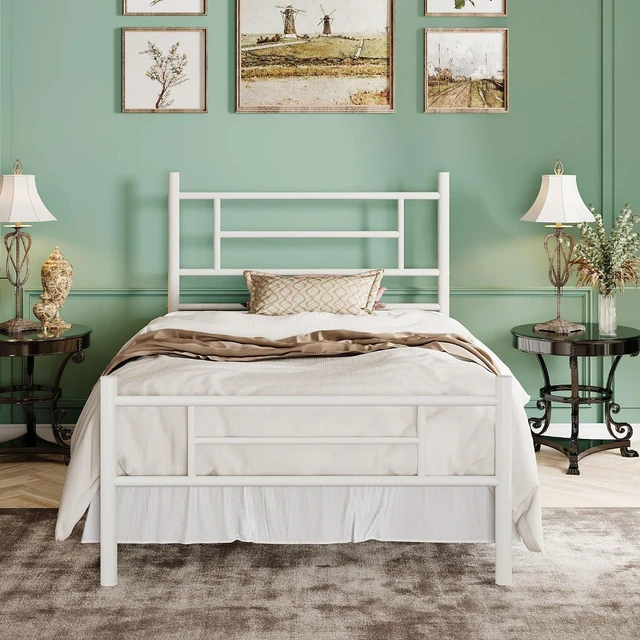 Main image of Twin Size Metal Platform Bed Frame with Modern Headboard and Footboard, Under Bed Storage Space, Noise Free, No Box Spring Needed,White,14 Inch