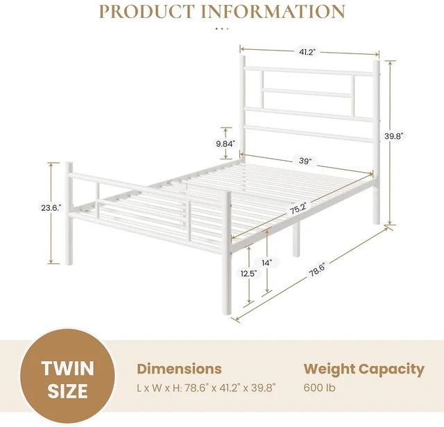 Alt view image 2 of 7 - Twin Size Metal Platform Bed Frame with Modern Headboard and Footboard, Under Bed Storage Space, Noise Free, No Box Spring Needed,White,14 Inch
