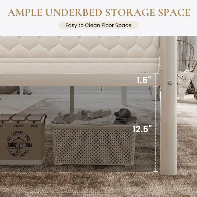 Alt view image 3 of 7 - King Size Metal Platform Bed Frame with Modern Headboard and Footboard, Under Bed Storage Space, Noise Free, No Box Spring Needed,White,14 Inch