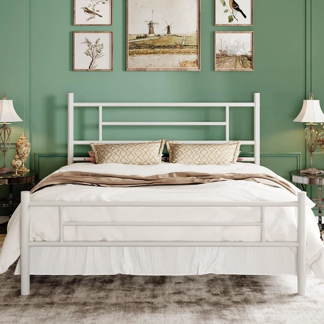 Main image of Queen Size Metal Platform Bed Frame with Modern Headboard and Footboard, Under Bed Storage Space, Noise Free, No Box Spring Needed,White,14 Inch