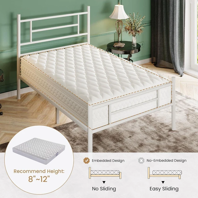 Alt view image 7 of 7 - Twin Size Metal Platform Bed Frame with Modern Headboard and Footboard, Under Bed Storage Space, Noise Free, No Box Spring Needed,White,14 Inch