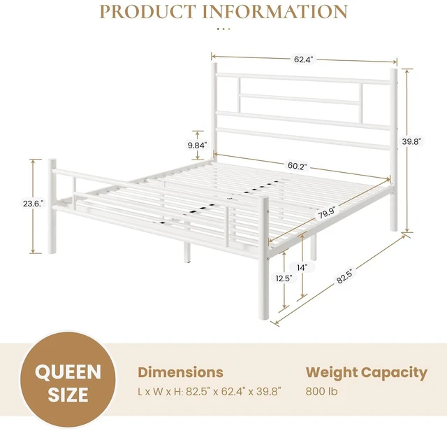 Alt view image 2 of 7 - Queen Size Metal Platform Bed Frame with Modern Headboard and Footboard, Under Bed Storage Space, Noise Free, No Box Spring Needed,White,14 Inch