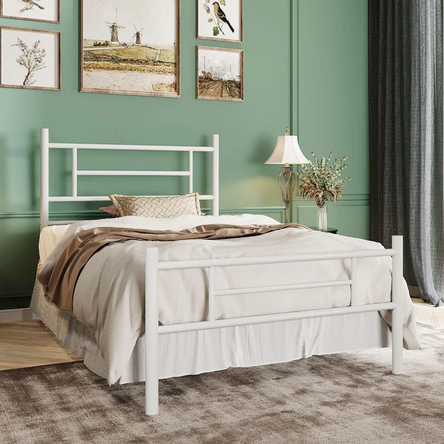 Alt view image 5 of 7 - Twin Size Metal Platform Bed Frame with Modern Headboard and Footboard, Under Bed Storage Space, Noise Free, No Box Spring Needed,White,14 Inch