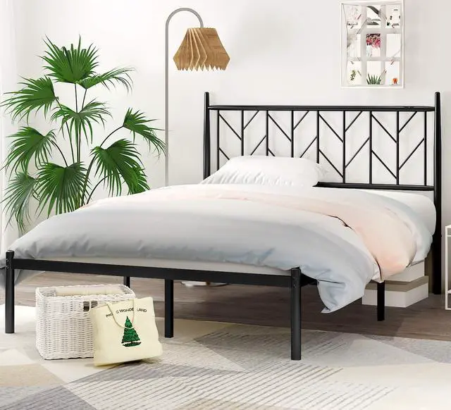 Main image of Queen Vintage Platform Bed with Headboard, Heavy Duty Mattress Foundation, 12" Under-Bed for Storage, Easy Assembly, No Box Spring Needed, Black
