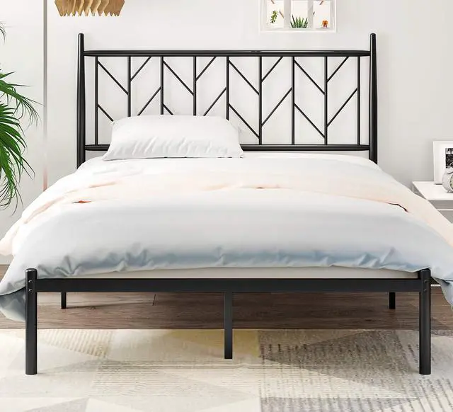 Alt view image 3 of 7 - Queen Vintage Platform Bed with Headboard, Heavy Duty Mattress Foundation, 12" Under-Bed for Storage, Easy Assembly, No Box Spring Needed, Black