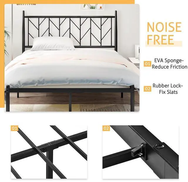 Alt view image 6 of 7 - Queen Vintage Platform Bed with Headboard, Heavy Duty Mattress Foundation, 12" Under-Bed for Storage, Easy Assembly, No Box Spring Needed, Black