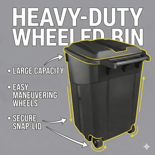 Alt view image 2 of 7 - 32 Gallon Outdoor Trash Can with Lid, Heavy-Duty Wheeled Garbage Bin for Backyard, Deck or Garage, Black, Can with Attached Snap Lock Lid and Heavy-Duty Handles (32 Gallon)