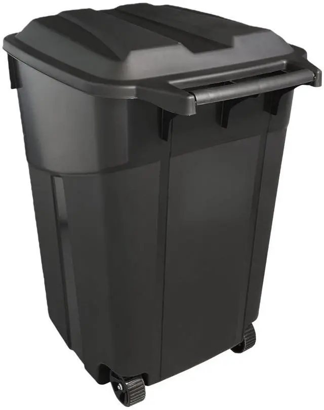 Main image of 32 Gallon Outdoor Trash Can with Lid, Heavy-Duty Wheeled Garbage Bin for Backyard, Deck or Garage, Black, Can with Attached Snap Lock Lid and Heavy-Duty Handles (32 Gallon)