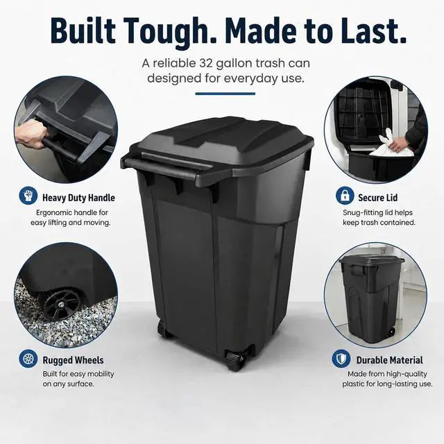 Alt view image 3 of 7 - 32 Gallon Outdoor Trash Can with Lid, Heavy-Duty Wheeled Garbage Bin for Backyard, Deck or Garage, Black, Can with Attached Snap Lock Lid and Heavy-Duty Handles (32 Gallon)