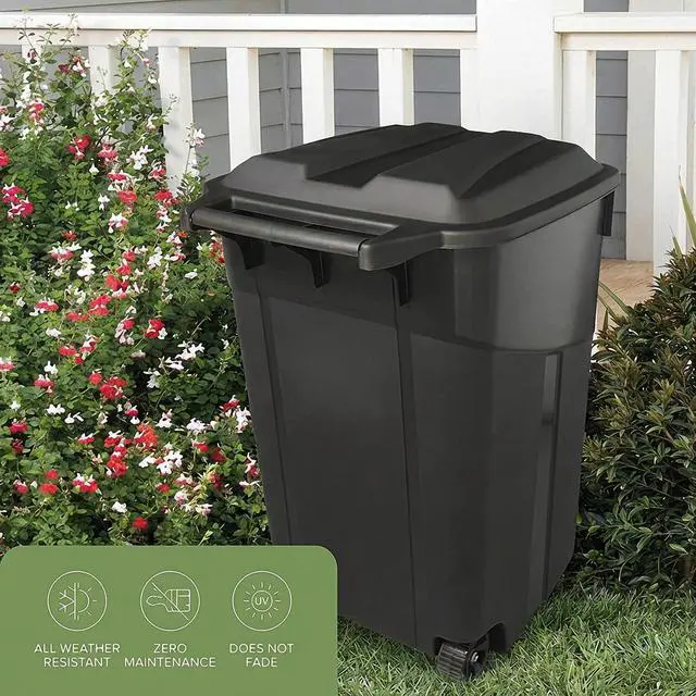 Alt view image 6 of 7 - 32 Gallon Outdoor Trash Can with Lid, Heavy-Duty Wheeled Garbage Bin for Backyard, Deck or Garage, Black, Can with Attached Snap Lock Lid and Heavy-Duty Handles (32 Gallon)