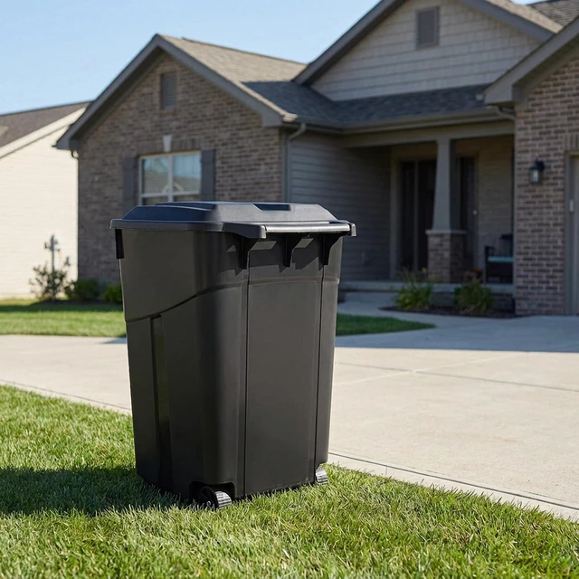 Alt view image 2 of 7 - 45 Gallon Outdoor Trash Can with Lid, Heavy-Duty Wheeled Garbage Bin for Backyard, Deck or Garage, Black, Can with Attached Snap Lock Lid and Heavy-Duty Handles (45 Gallon)