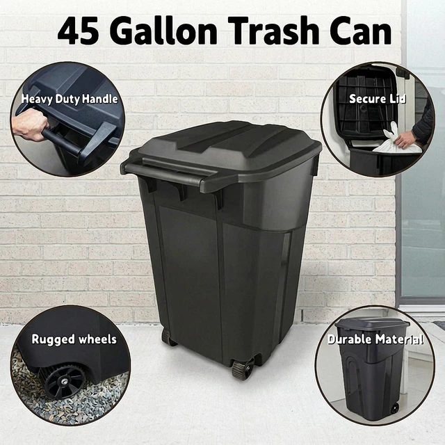 Alt view image 3 of 7 - 45 Gallon Outdoor Trash Can with Lid, Heavy-Duty Wheeled Garbage Bin for Backyard, Deck or Garage, Black, Can with Attached Snap Lock Lid and Heavy-Duty Handles (45 Gallon)