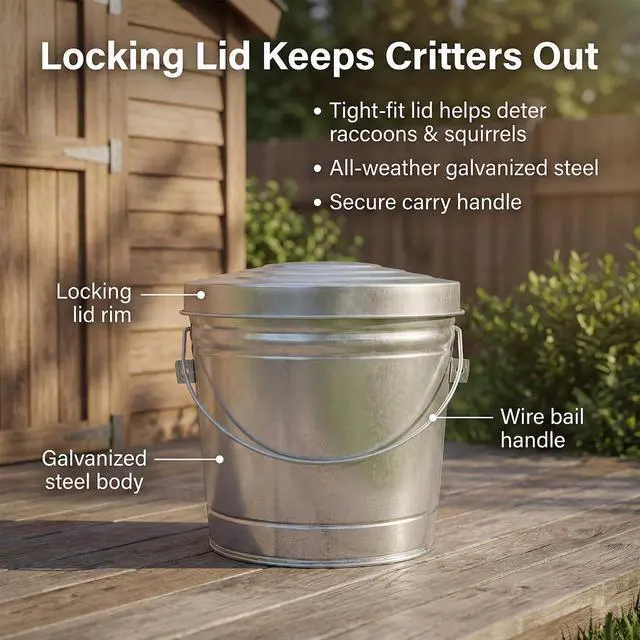 Alt view image 3 of 7 - Galvanized Steel Locking Lid Trash Can - 6-Gallon Rodent-Proof Outdoor Storage Bin with Weather-Resistant Lid, Pet Food, Bird Seed, Charcoal Storage, Heavy Duty Metal Can