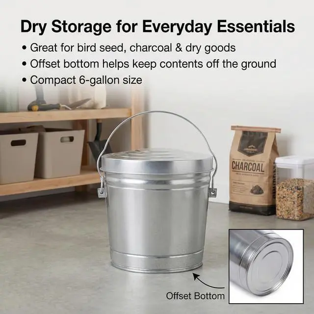 Alt view image 5 of 7 - Galvanized Steel Locking Lid Trash Can - 6-Gallon Rodent-Proof Outdoor Storage Bin with Weather-Resistant Lid, Pet Food, Bird Seed, Charcoal Storage, Heavy Duty Metal Can
