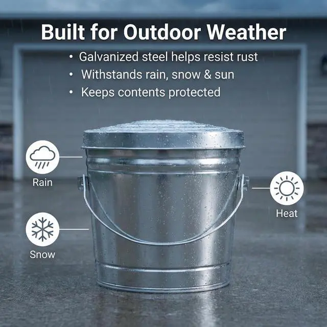 Alt view image 4 of 7 - Galvanized Steel Locking Lid Trash Can - 6-Gallon Rodent-Proof Outdoor Storage Bin with Weather-Resistant Lid, Pet Food, Bird Seed, Charcoal Storage, Heavy Duty Metal Can