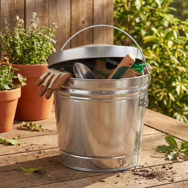 Alt view image 6 of 7 - Galvanized Steel Locking Lid Trash Can - 6-Gallon Rodent-Proof Outdoor Storage Bin with Weather-Resistant Lid, Pet Food, Bird Seed, Charcoal Storage, Heavy Duty Metal Can