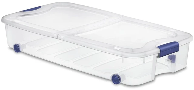Main image of 66 Quart Clear Underbed Storage Bin with Wheels & Latching Lid - Low Profile Plastic Storage Container for Clothes, Shoes, Bedding, Wrapping Paper Organizer, Slim Rolling Under Bed Storage Box