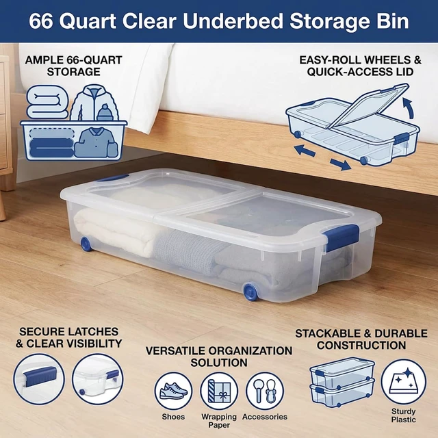 Alt view image 2 of 7 - 66 Quart Clear Underbed Storage Bin with Wheels & Latching Lid - Low Profile Plastic Storage Container for Clothes, Shoes, Bedding, Wrapping Paper Organizer, Slim Rolling Under Bed Storage Box