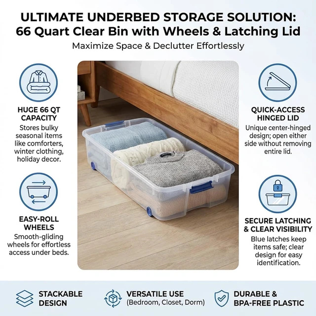 Alt view image 3 of 7 - 66 Quart Clear Underbed Storage Bin with Wheels & Latching Lid - Low Profile Plastic Storage Container for Clothes, Shoes, Bedding, Wrapping Paper Organizer, Slim Rolling Under Bed Storage Box