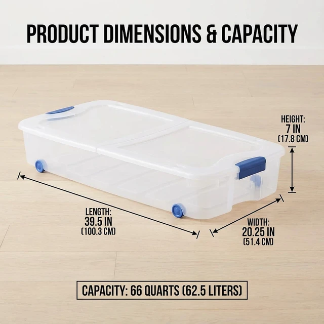 Alt view image 4 of 7 - 66 Quart Clear Underbed Storage Bin with Wheels & Latching Lid - Low Profile Plastic Storage Container for Clothes, Shoes, Bedding, Wrapping Paper Organizer, Slim Rolling Under Bed Storage Box