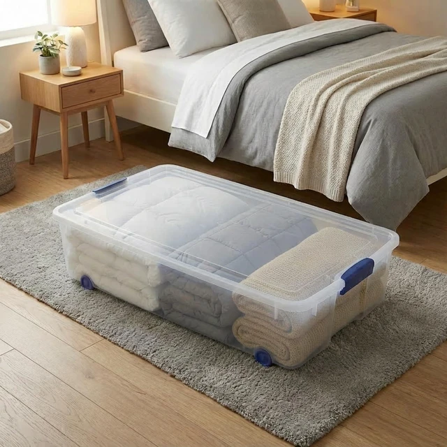 Alt view image 5 of 7 - 66 Quart Clear Underbed Storage Bin with Wheels & Latching Lid - Low Profile Plastic Storage Container for Clothes, Shoes, Bedding, Wrapping Paper Organizer, Slim Rolling Under Bed Storage Box