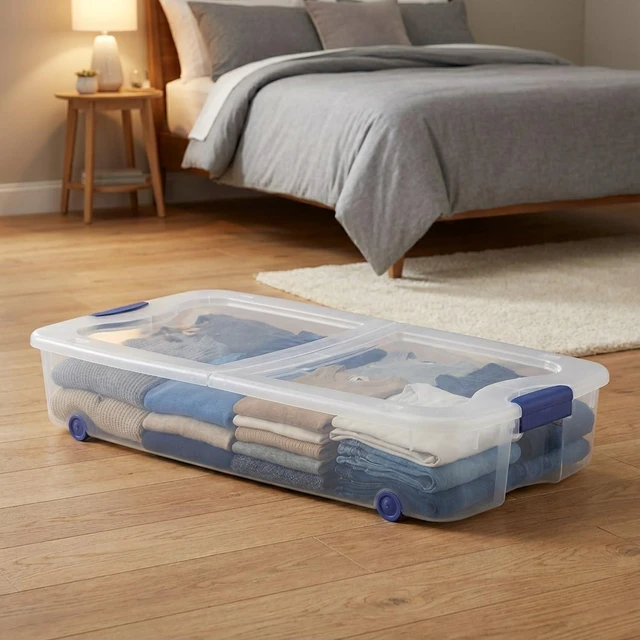 Alt view image 6 of 7 - 66 Quart Clear Underbed Storage Bin with Wheels & Latching Lid - Low Profile Plastic Storage Container for Clothes, Shoes, Bedding, Wrapping Paper Organizer, Slim Rolling Under Bed Storage Box