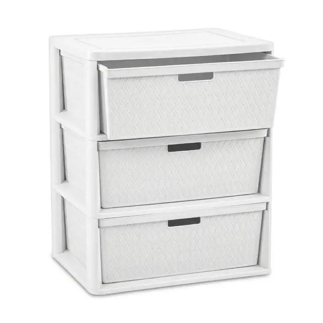 Main image of 3 Drawer Wide Weave Storage Tower, White Plastic Organizer Chest with Easy-Pull Handles and Integrated Drawer Stops, Modern Style Decorative Freestanding Storage