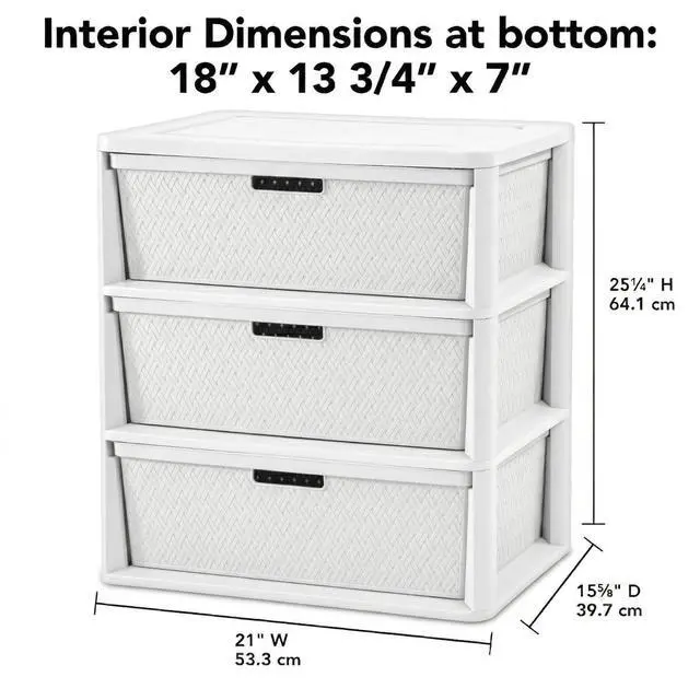 Alt view image 2 of 7 - 3 Drawer Wide Weave Storage Tower, White Plastic Organizer Chest with Easy-Pull Handles and Integrated Drawer Stops, Modern Style Decorative Freestanding Storage