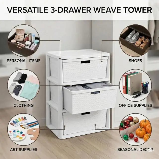 Alt view image 3 of 7 - 3 Drawer Wide Weave Storage Tower, White Plastic Organizer Chest with Easy-Pull Handles and Integrated Drawer Stops, Modern Style Decorative Freestanding Storage