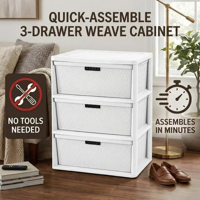 Alt view image 4 of 7 - 3 Drawer Wide Weave Storage Tower, White Plastic Organizer Chest with Easy-Pull Handles and Integrated Drawer Stops, Modern Style Decorative Freestanding Storage
