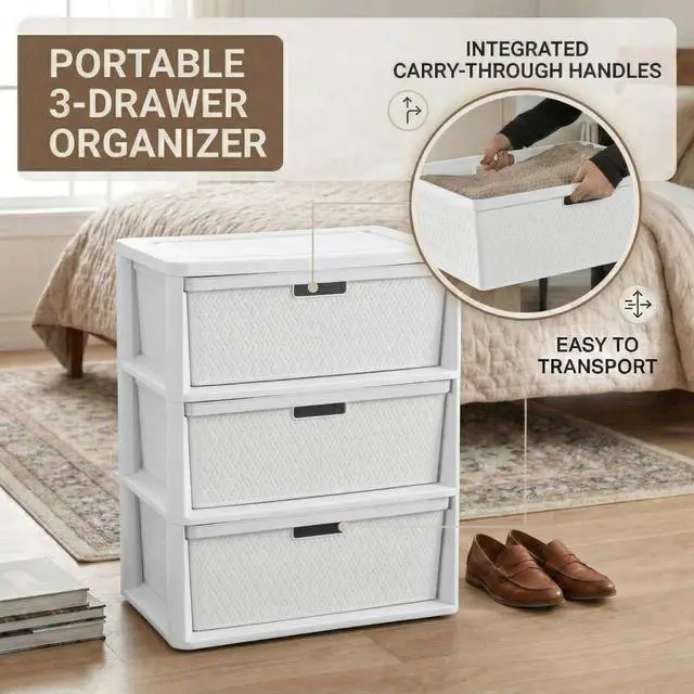 Alt view image 5 of 7 - 3 Drawer Wide Weave Storage Tower, White Plastic Organizer Chest with Easy-Pull Handles and Integrated Drawer Stops, Modern Style Decorative Freestanding Storage