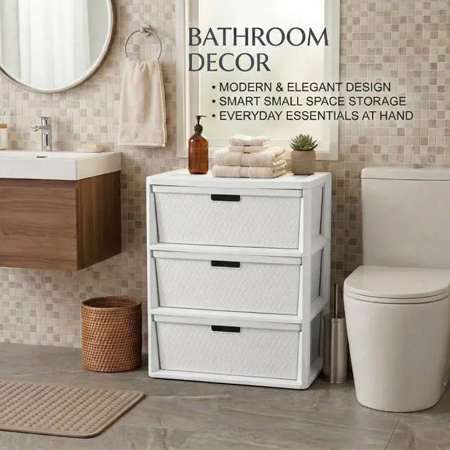 Alt view image 6 of 7 - 3 Drawer Wide Weave Storage Tower, White Plastic Organizer Chest with Easy-Pull Handles and Integrated Drawer Stops, Modern Style Decorative Freestanding Storage