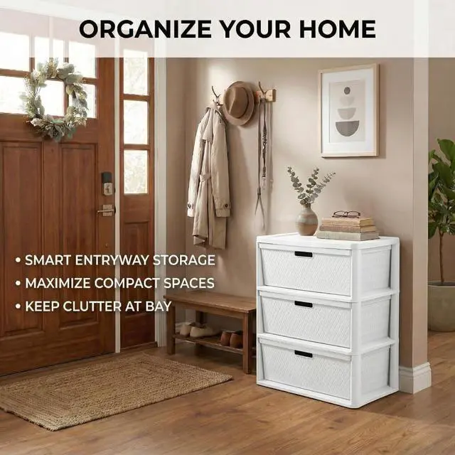 Alt view image 7 of 7 - 3 Drawer Wide Weave Storage Tower, White Plastic Organizer Chest with Easy-Pull Handles and Integrated Drawer Stops, Modern Style Decorative Freestanding Storage