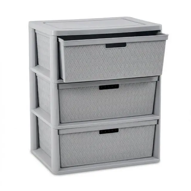 Main image of 3 Drawer Wide Weave Storage Tower, Gray Plastic Organizer Chest with Easy-Pull Handles and Integrated Drawer Stops, Modern Style Decorative Freestanding Storage