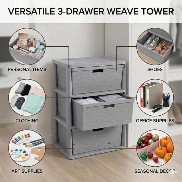 Alt view image 3 of 7 - 3 Drawer Wide Weave Storage Tower, Gray Plastic Organizer Chest with Easy-Pull Handles and Integrated Drawer Stops, Modern Style Decorative Freestanding Storage