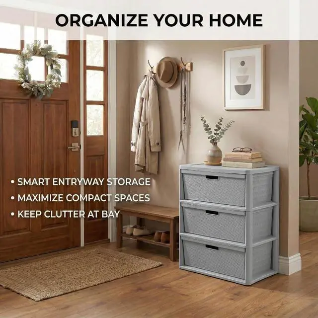 Alt view image 5 of 7 - 3 Drawer Wide Weave Storage Tower, Gray Plastic Organizer Chest with Easy-Pull Handles and Integrated Drawer Stops, Modern Style Decorative Freestanding Storage