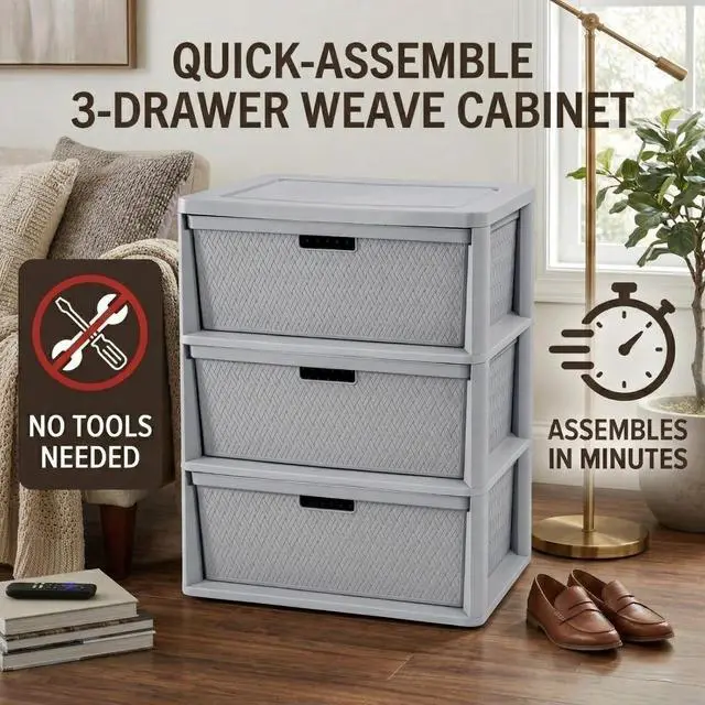 Alt view image 6 of 7 - 3 Drawer Wide Weave Storage Tower, Gray Plastic Organizer Chest with Easy-Pull Handles and Integrated Drawer Stops, Modern Style Decorative Freestanding Storage