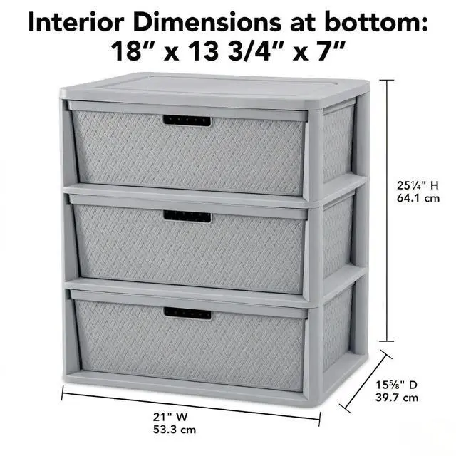 Alt view image 2 of 7 - 3 Drawer Wide Weave Storage Tower, Gray Plastic Organizer Chest with Easy-Pull Handles and Integrated Drawer Stops, Modern Style Decorative Freestanding Storage