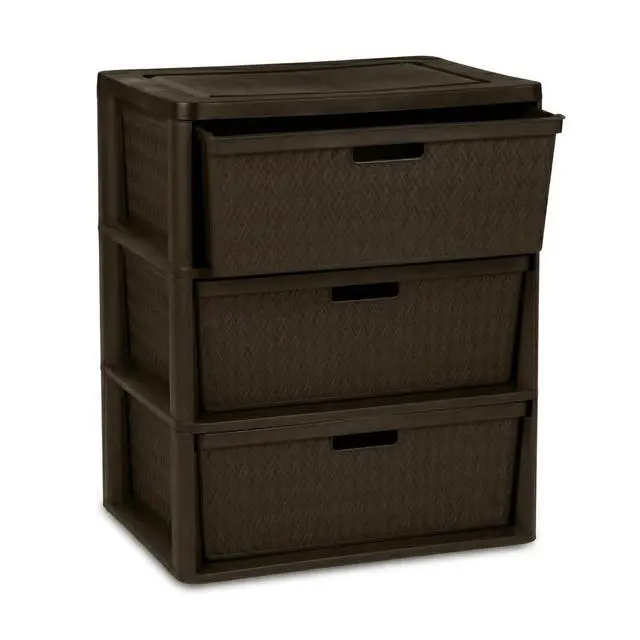 Main image of 3 Drawer Wide Weave Storage Tower, Brown Plastic Organizer Chest with Easy-Pull Handles and Integrated Drawer Stops, Modern Style Decorative Freestanding Storage