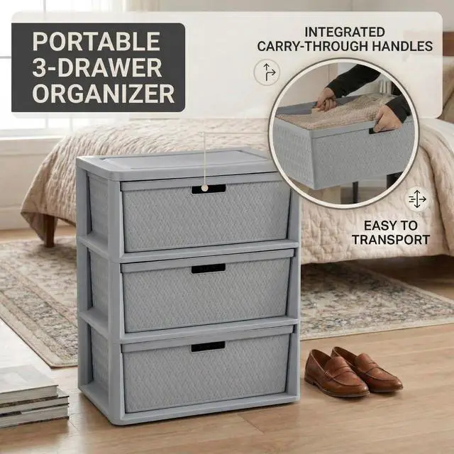 Alt view image 7 of 7 - 3 Drawer Wide Weave Storage Tower, Gray Plastic Organizer Chest with Easy-Pull Handles and Integrated Drawer Stops, Modern Style Decorative Freestanding Storage