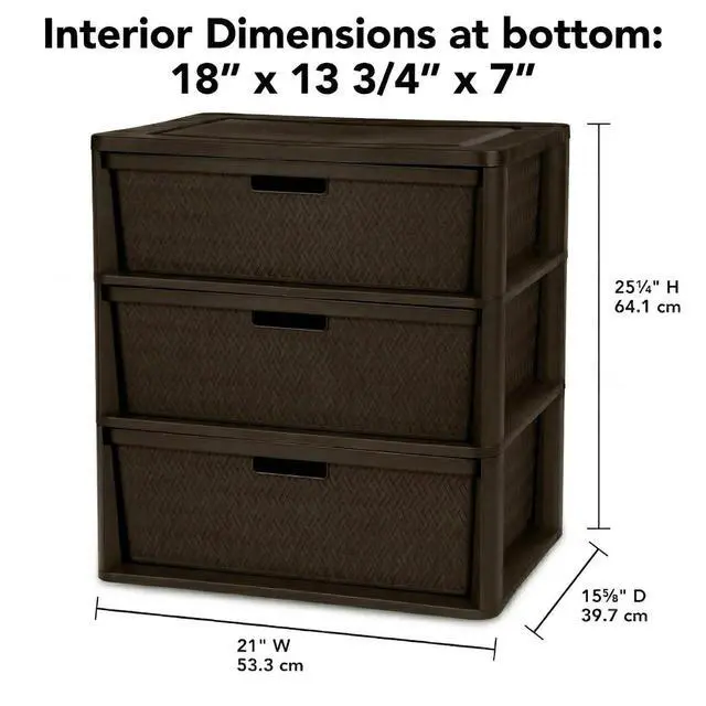 Alt view image 2 of 7 - 3 Drawer Wide Weave Storage Tower, Brown Plastic Organizer Chest with Easy-Pull Handles and Integrated Drawer Stops, Modern Style Decorative Freestanding Storage