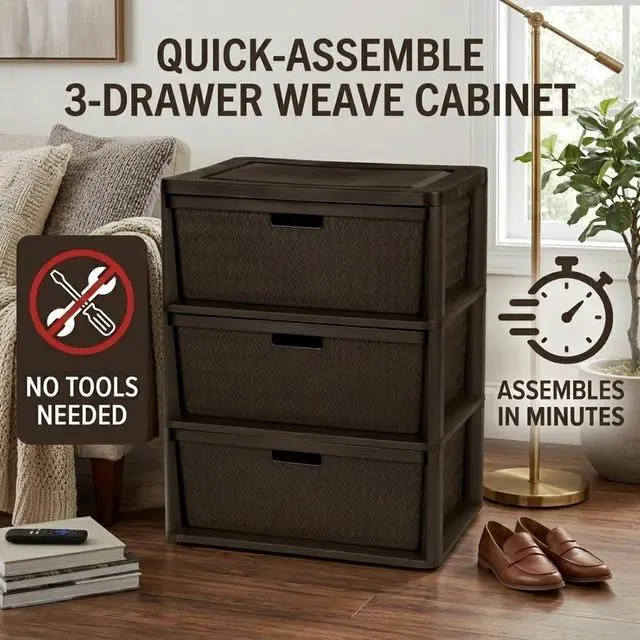 Alt view image 3 of 7 - 3 Drawer Wide Weave Storage Tower, Brown Plastic Organizer Chest with Easy-Pull Handles and Integrated Drawer Stops, Modern Style Decorative Freestanding Storage