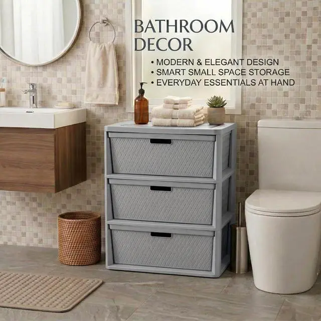 Alt view image 4 of 7 - 3 Drawer Wide Weave Storage Tower, Gray Plastic Organizer Chest with Easy-Pull Handles and Integrated Drawer Stops, Modern Style Decorative Freestanding Storage