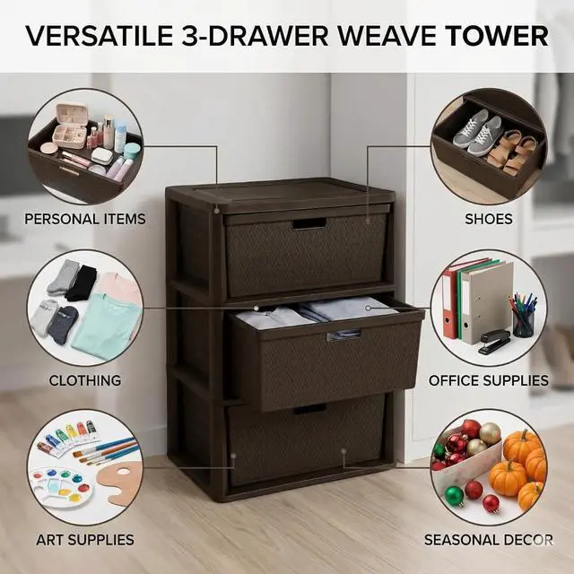 Alt view image 4 of 7 - 3 Drawer Wide Weave Storage Tower, Brown Plastic Organizer Chest with Easy-Pull Handles and Integrated Drawer Stops, Modern Style Decorative Freestanding Storage