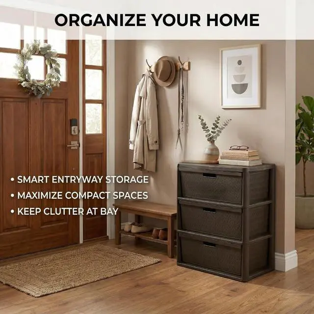 Alt view image 5 of 7 - 3 Drawer Wide Weave Storage Tower, Brown Plastic Organizer Chest with Easy-Pull Handles and Integrated Drawer Stops, Modern Style Decorative Freestanding Storage