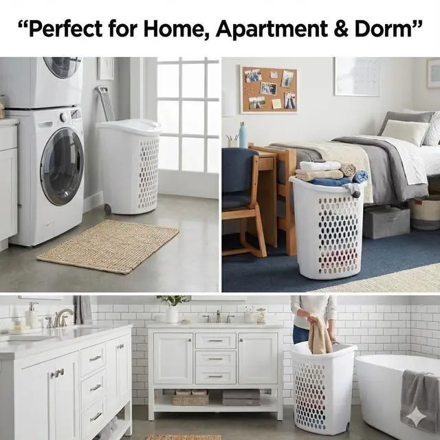 Alt view image 4 of 7 - Wheeled Laundry Hamper with Smooth Rolling Wheels, Large Ventilated Plastic Clothes Basket for Easy Transport, Ideal for Laundry Rooms, Dorms, Apartments, White