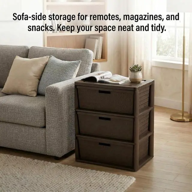 Alt view image 7 of 7 - 3 Drawer Wide Weave Storage Tower, Brown Plastic Organizer Chest with Easy-Pull Handles and Integrated Drawer Stops, Modern Style Decorative Freestanding Storage