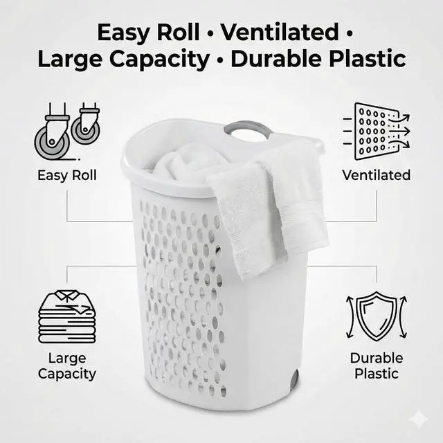 Alt view image 3 of 7 - Wheeled Laundry Hamper with Smooth Rolling Wheels, Large Ventilated Plastic Clothes Basket for Easy Transport, Ideal for Laundry Rooms, Dorms, Apartments, White