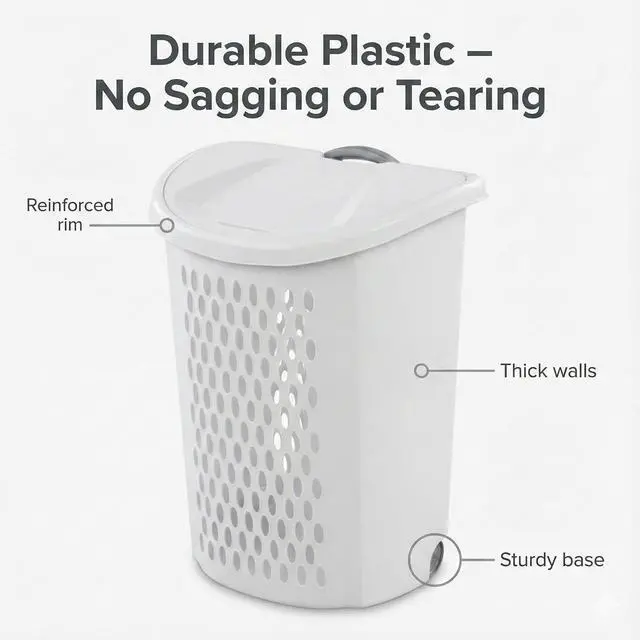Alt view image 5 of 7 - Wheeled Laundry Hamper with Smooth Rolling Wheels, Large Ventilated Plastic Clothes Basket for Easy Transport, Ideal for Laundry Rooms, Dorms, Apartments, White